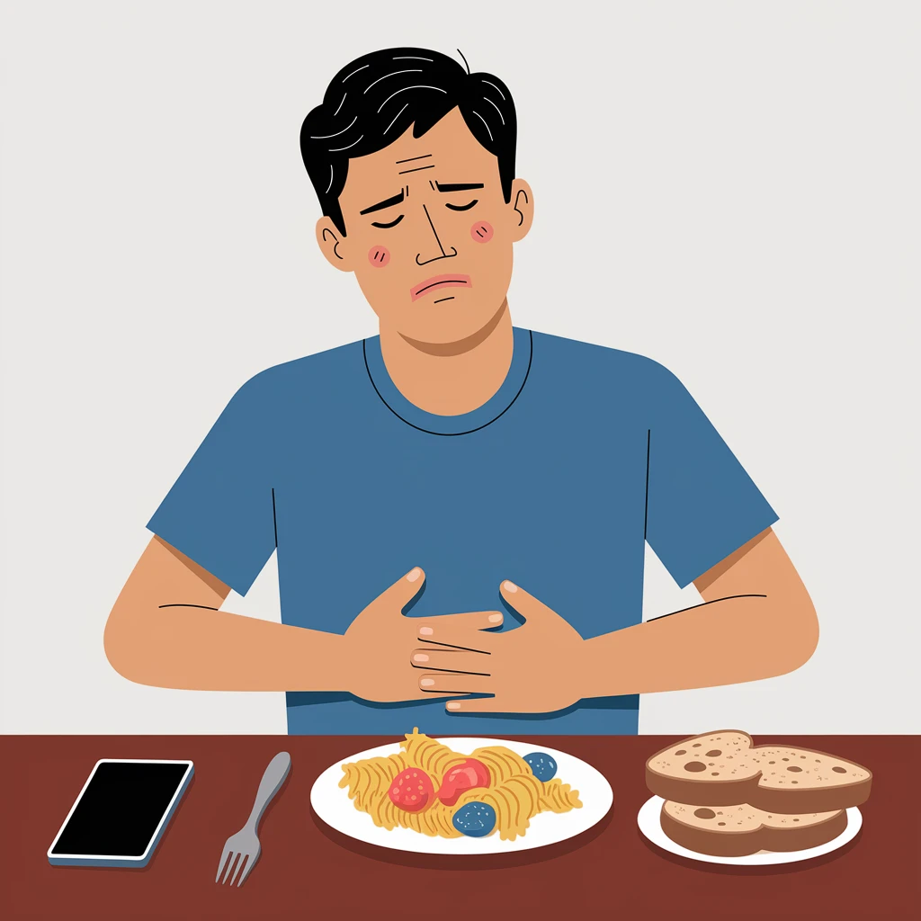 A man in his mid-30s sitting at a kitchen table with a plate of pasta and bread in front of him, looking uncomfortable and conflicted. His facial expression shows bloating, fatigue, and mild abdominal pain. One hand is on his stomach, the other hesitating to eat. emoji