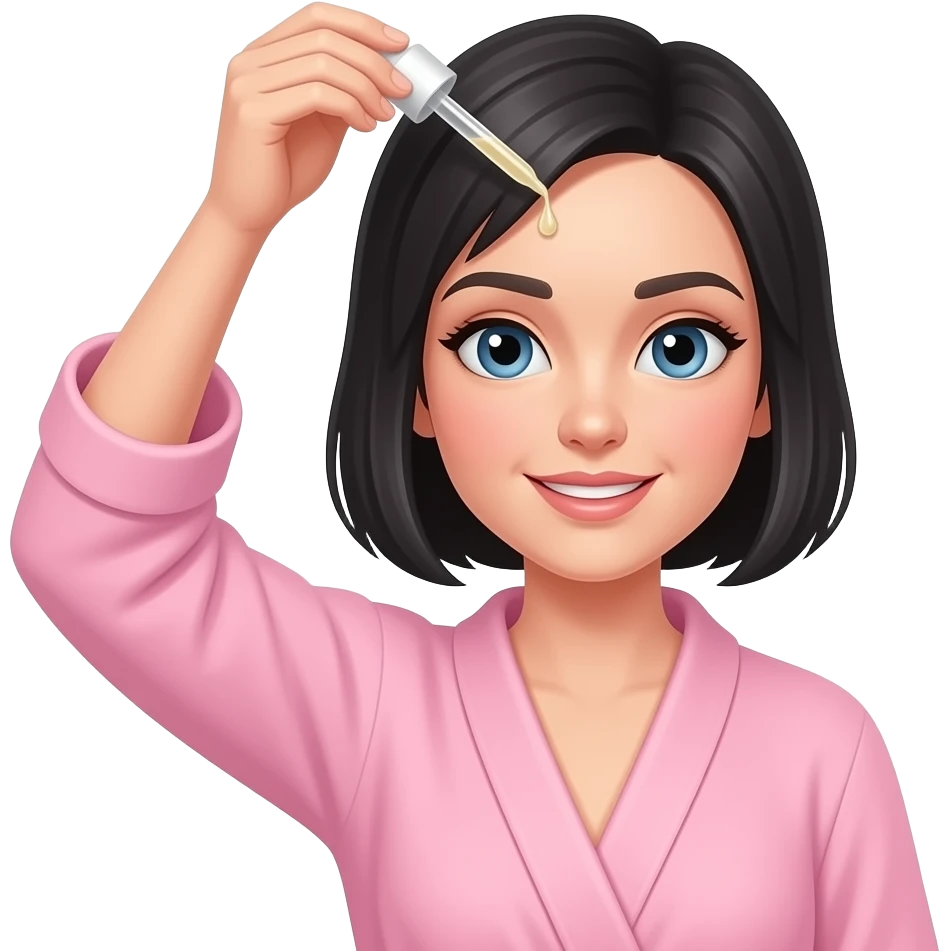 White girl taking care of her black short hair by giving herself a hair tonic massage with a dropper, wearing a pink robe, iPhone emoji style emoji