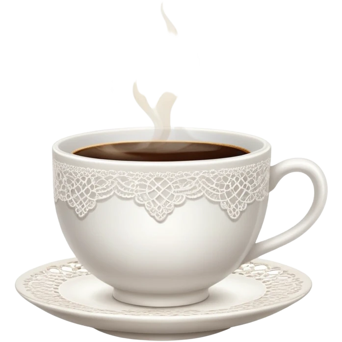 A cup of hot coffee with light steam, in a delicate porcelain cup with lace doily underneath emoji
