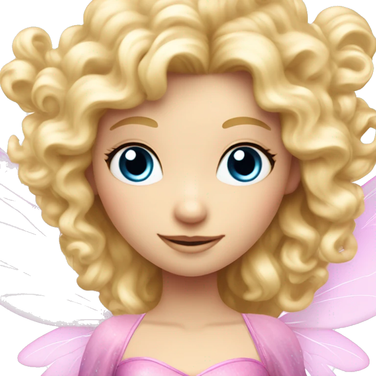 Fairy, a blonde hair with blue eyes and a pink dress with sparkly wings. White wings. The fairy has long and curly hair with a lot of volume emoji