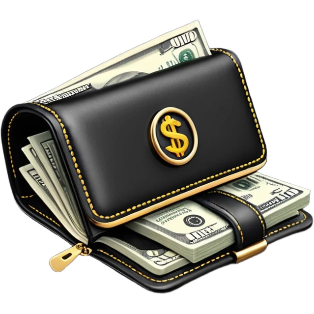 Rich emoji style black leather wallet with dollar bills, luxury money vibe, premium 3D emoji, ultra clean, high detail, no background
 emoji