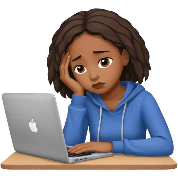Create an emoji of a tired girl of african american descent, sitting at a laptop, looking exhausted and frustrated. They have slouched posture, representing overwork and burnout. emoji