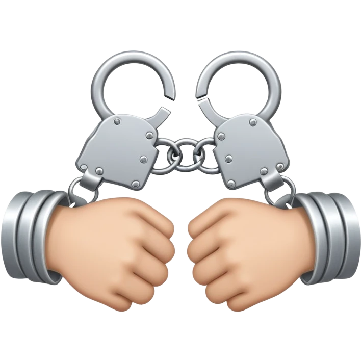 An emoji of two hands cuffed behind the back with metallic handcuffs. The wrists are slightly tilted inward, showing restraint. The handcuffs have a reflective silver surface, symbolizing arrest, punishment, or law enforcement. Simple, cartoon-style design emoji