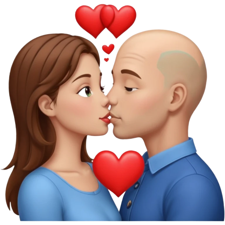 Loving couple kissing, Love, hearts. Woman brown hair, man is bald emoji