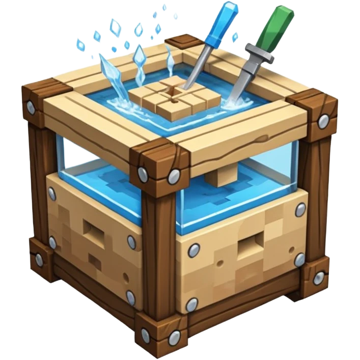 crafting table with tools, stone, wood, glass, sand, steam, water... like a minecraft style cube crafting table 100% like a minecraft cube emoji