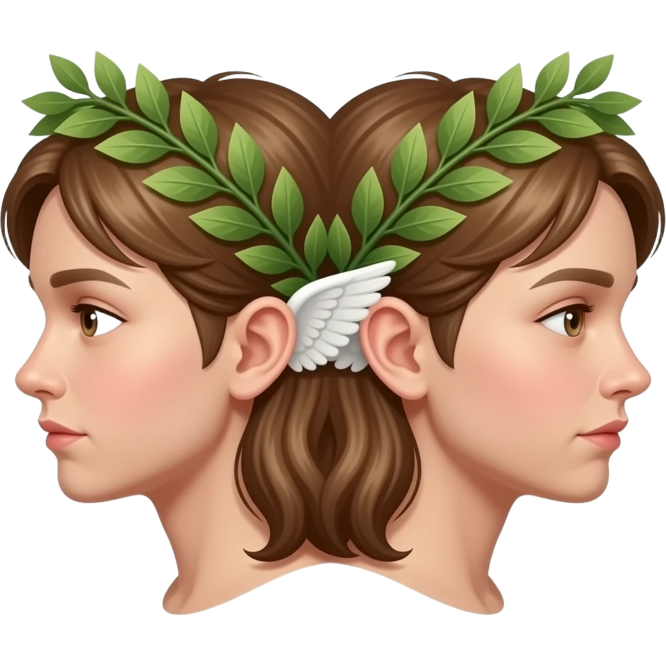 twins, two faces in profile in a parallel composition, they have small wings instead of ears and a laurel wreath around their heads emoji