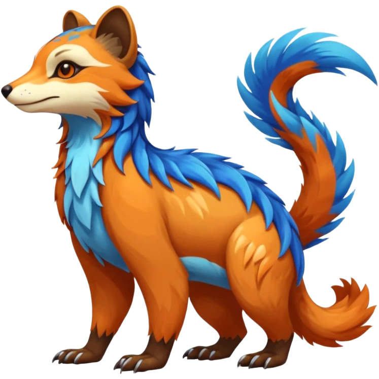 Colorful brown with blue and orange tropical exotic shiny beautiful fantasy-Vernid-Cacomistle-oncilla-animal-Fakémon-hybrid-fursona (full body) emoji