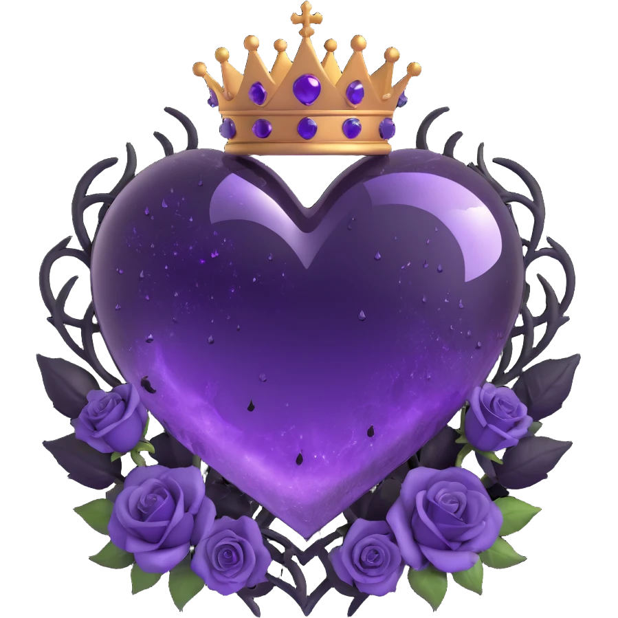 gothic heart made of purple glass with a crescent moon below the heart, black roses forming a crown, twinkling stardust, split lightning, scattered raindrops, splintered cracked glass texture emoji