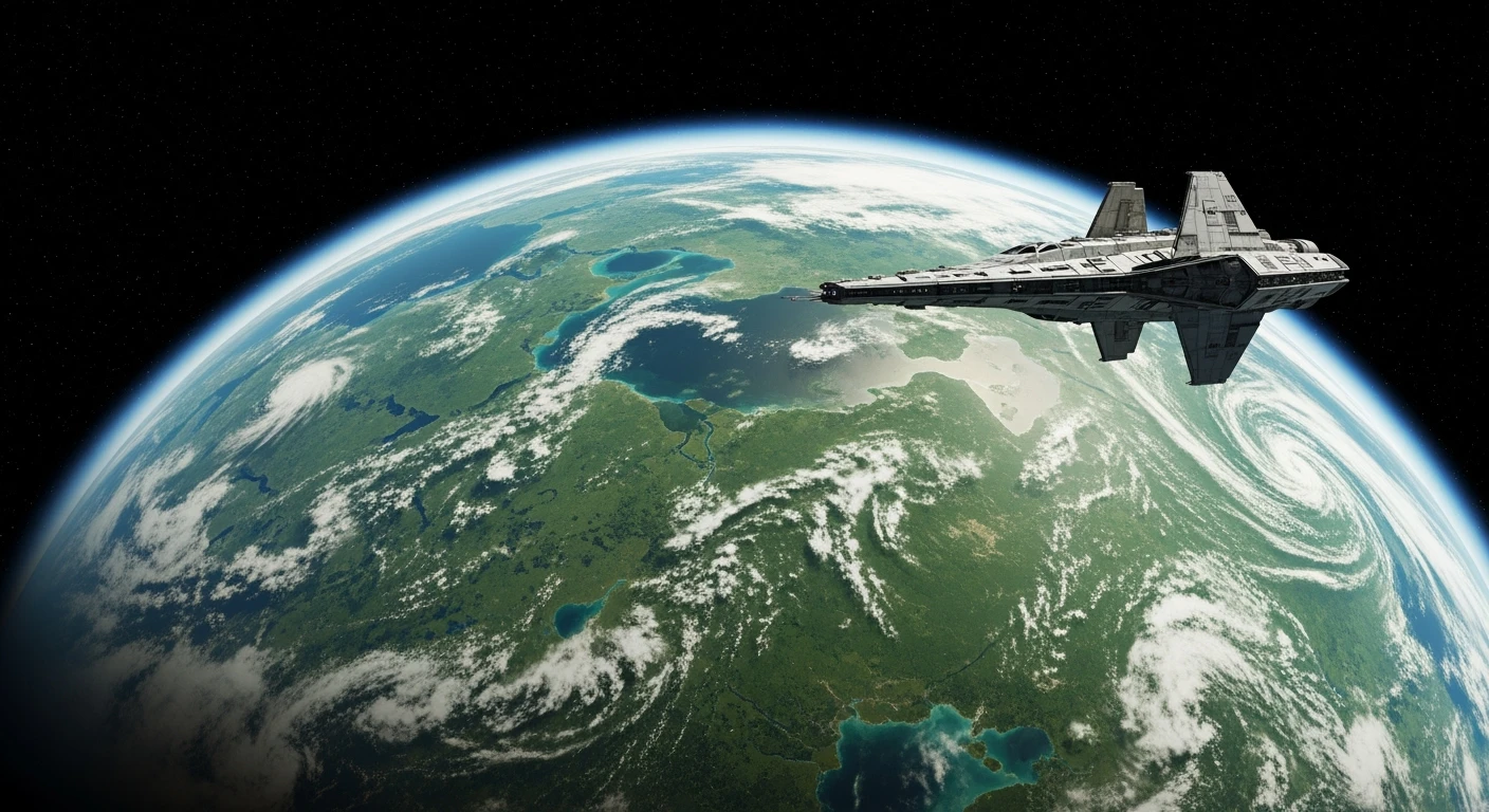 cinematic still, establishing shot, shot from top, entire globe green planet, single starship coming to planet, inspired by StarWars movie, captured by arri alexa  emoji