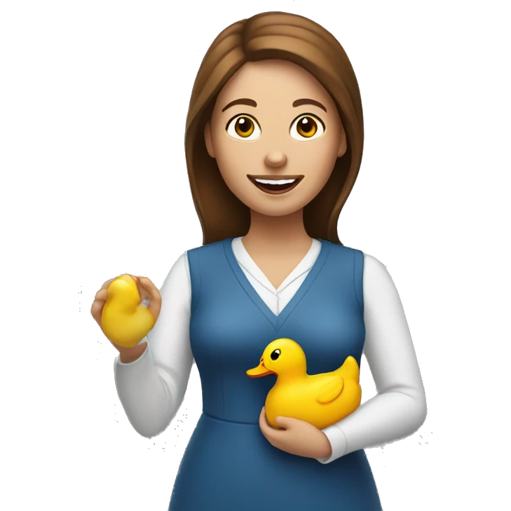 white woman with brown hair happily holding a rubber duck  emoji