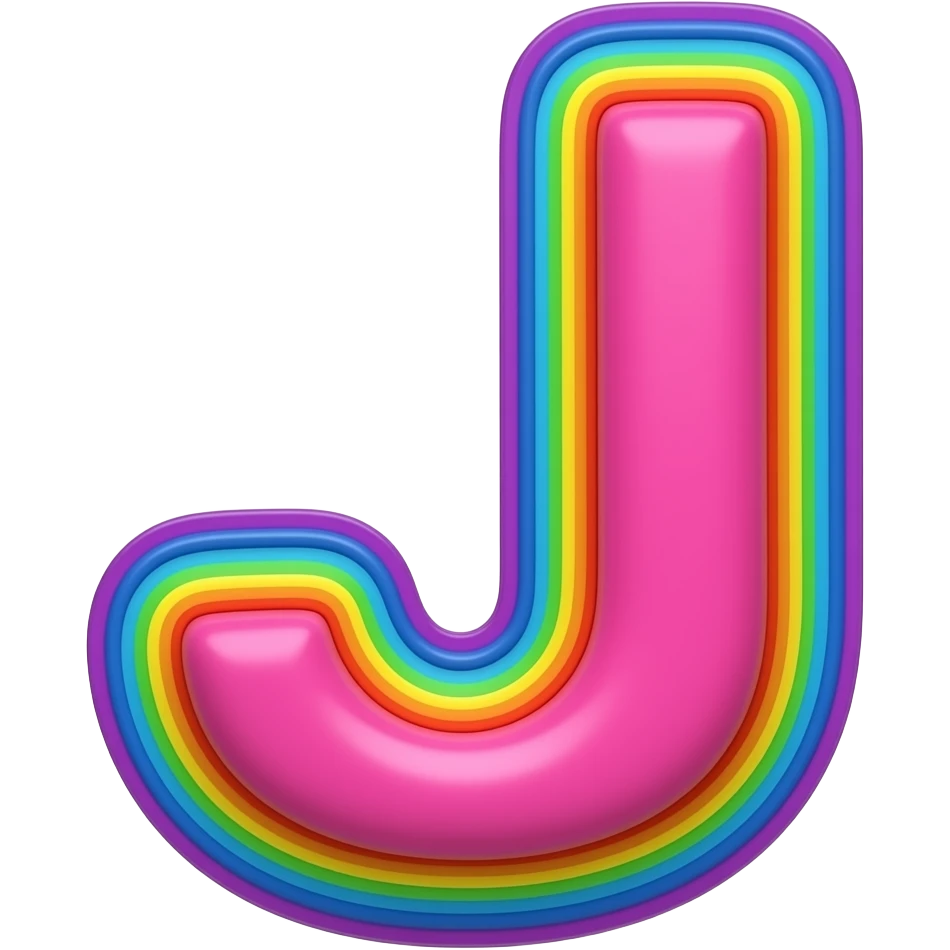 name "J" in neon pink, 3D style typography lettering, each color of the rainbow as a border outlined around each letter, isolated, 3d rendering, no emoji icons no emoji faces and must have no human figures emoji