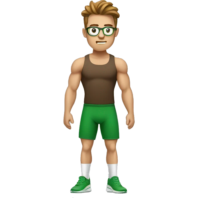 white nerd guy with brown with green t-shirt hair doing weight training emoji
