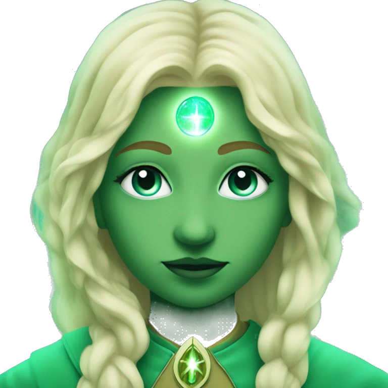 nordic pleiadian in green clothing with thin face long blonde hair and blue eyes third eye glowing emoji