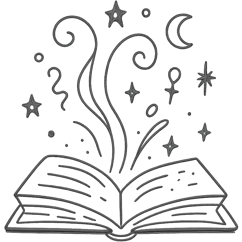 Открытая магическая книга в стиле дудлинг. Из её страниц вылетают завитки магии, звёздочки, луны, искры и таинственные символы. emoji