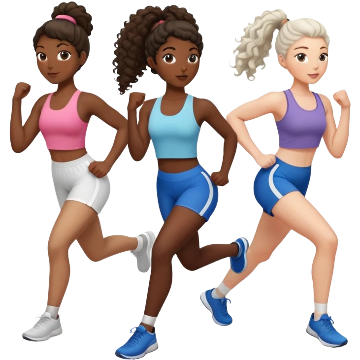three women friends exercising together, one black woman with curly brown hair, one pale white woman with curly brown hair, and one white woman with straight brown hair in a ponytail positioned on the right emoji