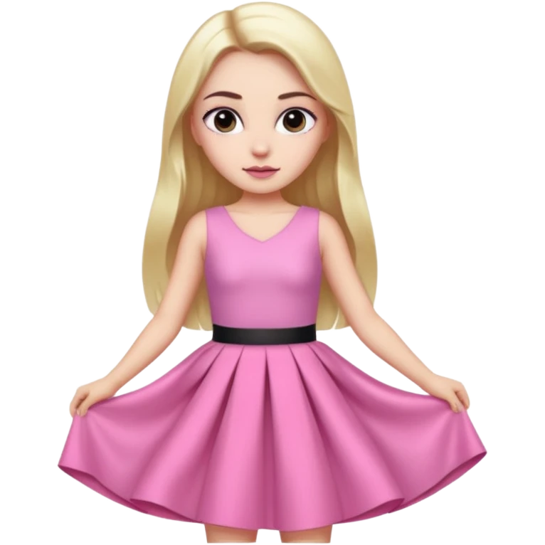 A photo of a white-skinned girl with black eyes and eyebrows and long bare hair, a beautiful pink skirt dress that has a lot of glamour and looks almost like a prince emoji