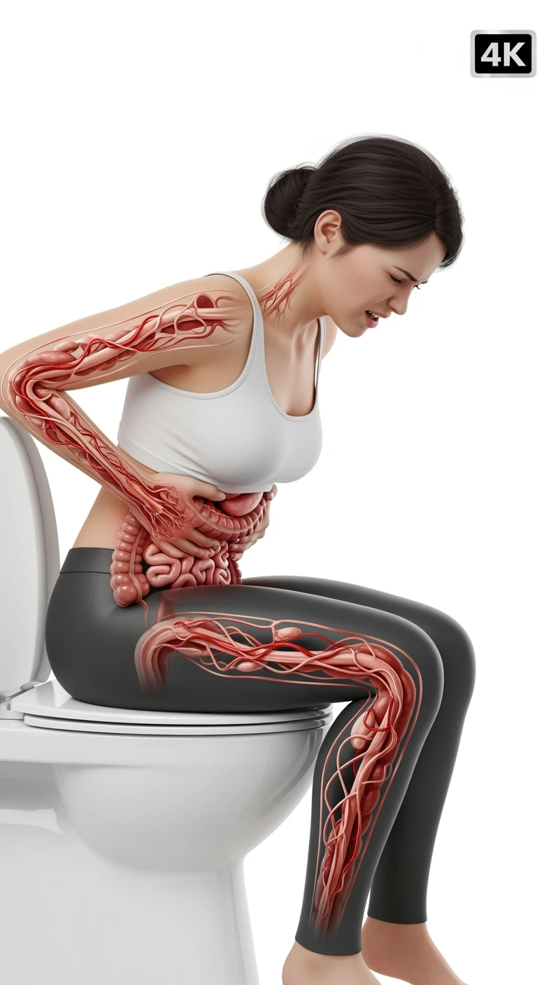 DONNA CON MAL DI PANCIA SEDUTA SUL WC MENTRE SI SFORZA, INTESTINO UMANO ANATOMICO IN EVIDENZA, IPERREALISTICA 4K, SFONDO BIANCO emoji