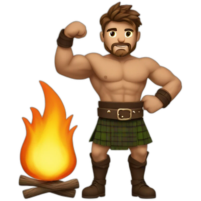 monty starting fire wearing a kilt flexing biceps brown haired emoji