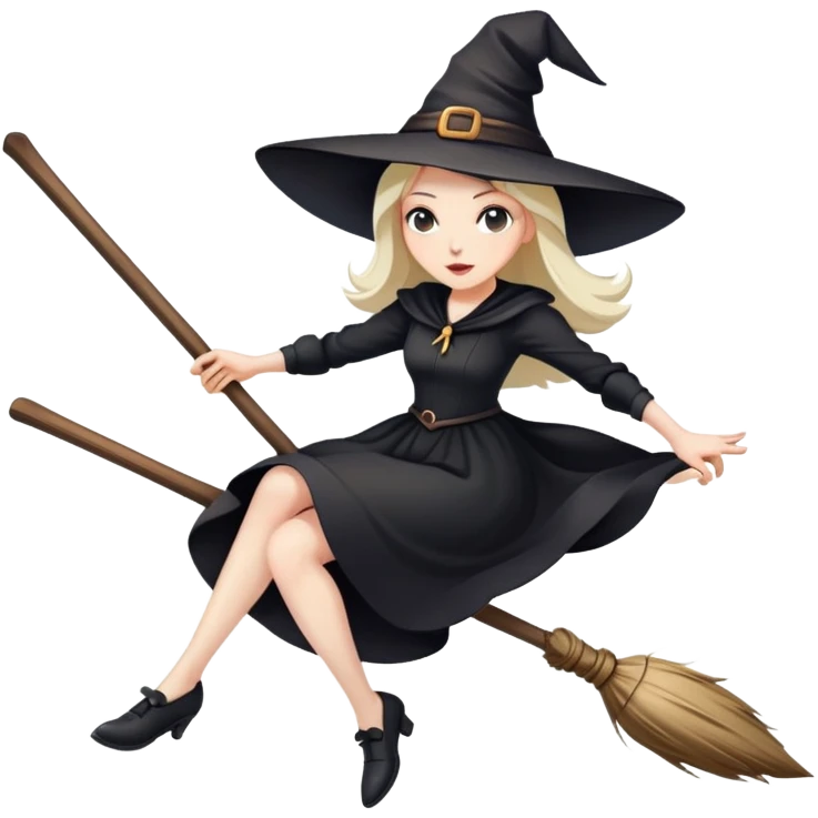 witch with pointy hat and black dress flying on a wooden broom emoji