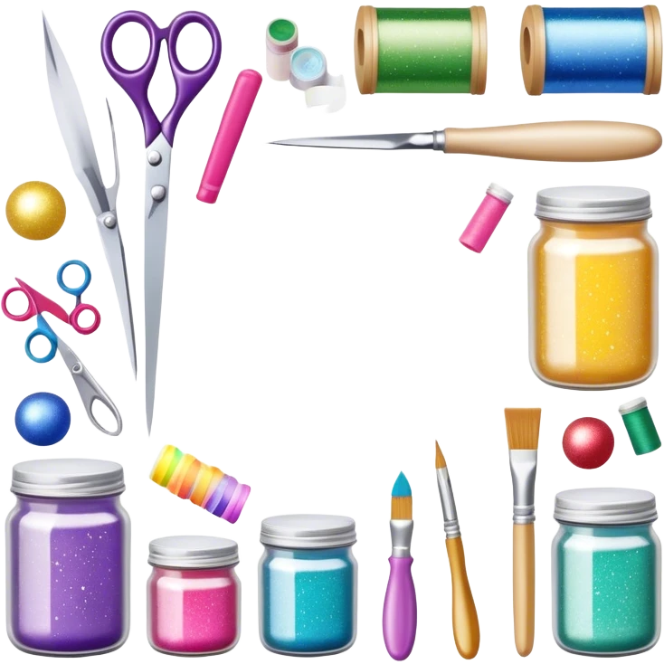 a collection of decorating supplies, including colorful rolls of ribbon, sparkling glitter jars, paintbrushes, patterned paper, adhesive tape, scissors, and small ornaments. neatly arranged on a light, clean surface with a creative and cheerful vibe emoji