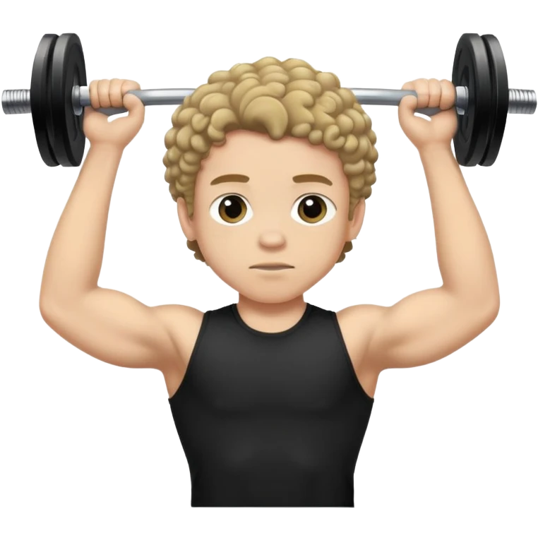 a boy with slightly curly hair, with black T-shirt is doing barbell training emoji