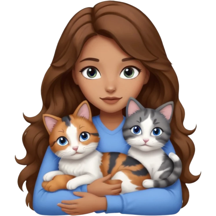 girl with long wavy brown hair, blue eyes, long lashes makeup, cuddling with 6 cute cats emoji