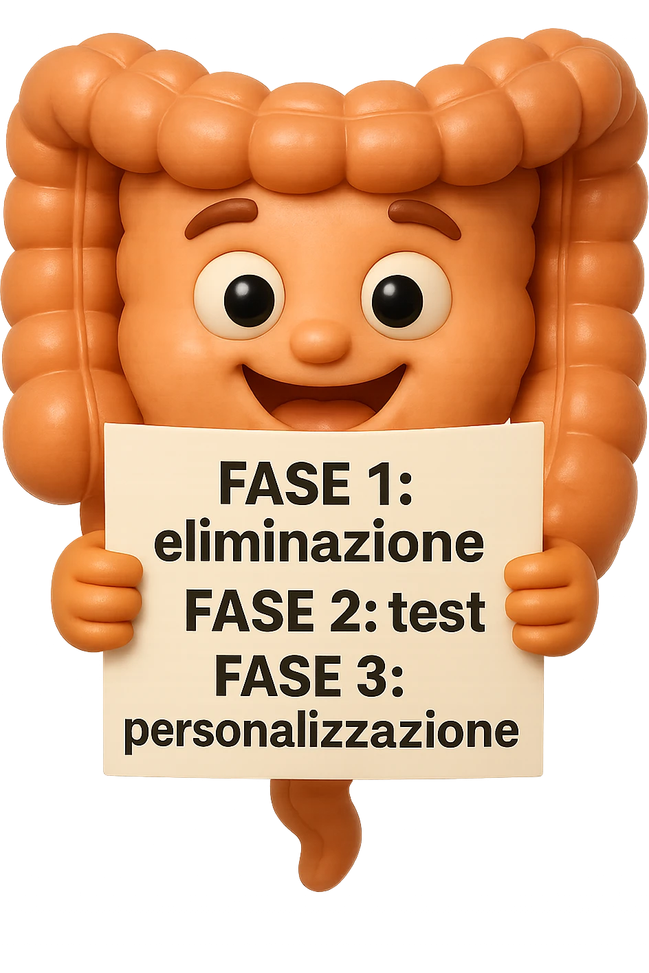 emoji stile iphone 3d di un intestino che tiene in mano un foglio con la scritta "FASE 1: eliminazione, FASE 2: test, FASE 3: personalizzazione, IPERREALISTICO 4K emoji