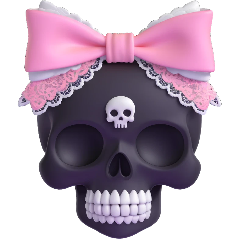 3D emoji style pink bow with gothic effect, pastel pink to black gradient, silver skull charm, and lace trim emoji