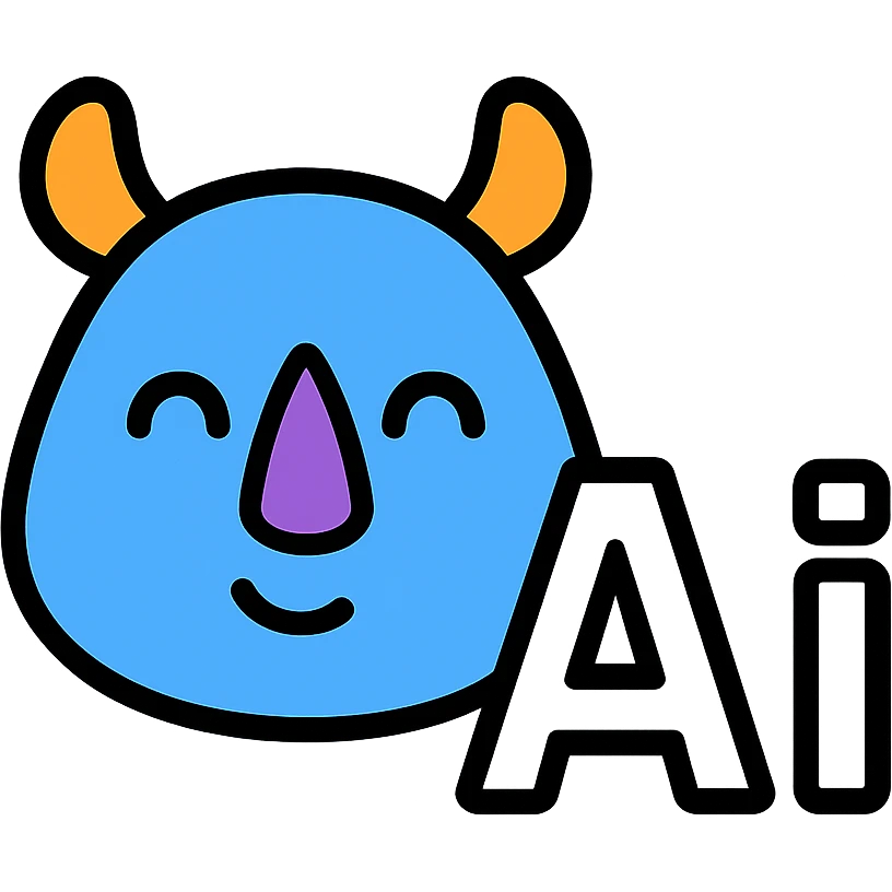 Add the letters 'Ai' in a friendly, bold style to the bottom right of the blue rhino icon, preserving the original favicon's style and colors. Keep the overall look suitable for a Slack emoji with lineal color icon style and black outlines. emoji