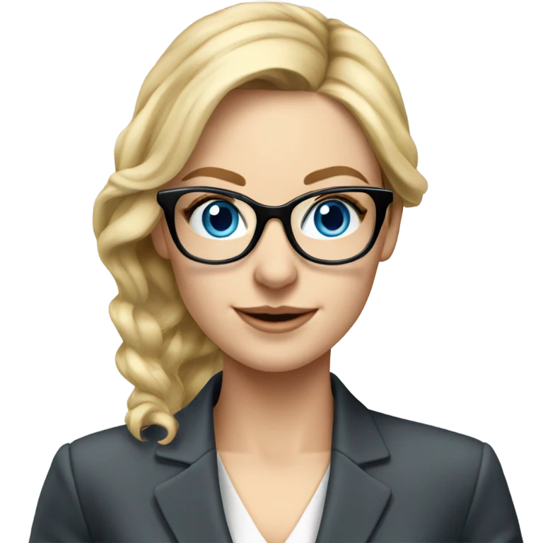 Pretty Caucasian blonde woman with glasses in a suit working, hyper realistic with blue eyes  emoji