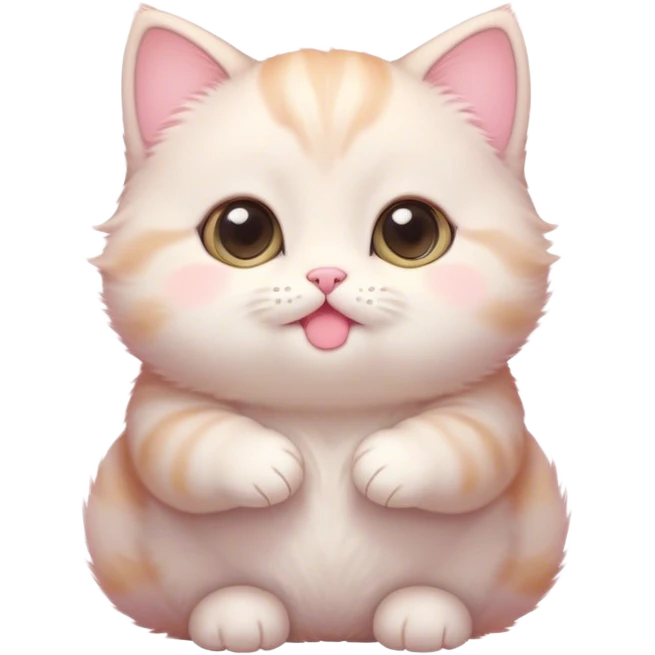 Cinematic chubby pastel kitten, big round eyes full of wonder, tiny paws reaching up, soft fluffy fur glowing in warm light, delicate heart-shaped nose, irresistibly cute and snuggly. emoji