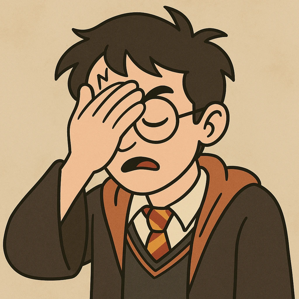 Harry Potter facepalm, cartoon style, glasses, lightning scar, robe emoji