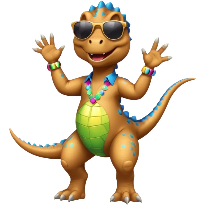 Un dinosaurio bailando con outfit disco y gafas oscurass. emoji