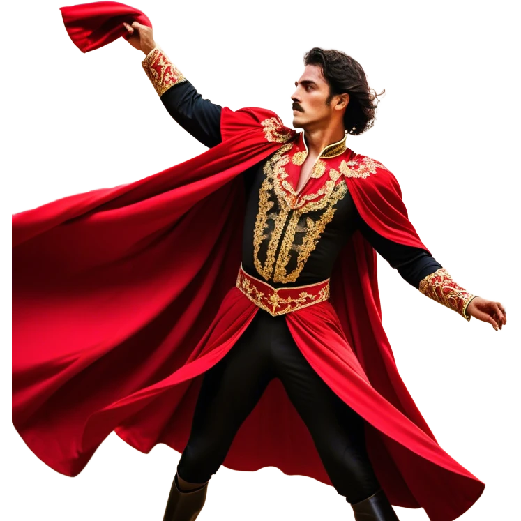 ​Cinematic Realistic Spanish Matador Holding a Red Cape, depicted in mid-action with a vibrant red cape flowing in the wind, dressed in an ornate traje de luces with shimmering details, confronting a charging bull in a dramatic arena, rendered with dynamic motion blur and vivid, high-contrast lighting, emoji