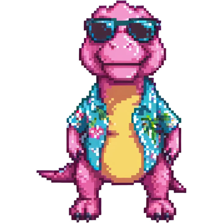 pink t-rex on vacation, pixel art style, retro 8-bit game character emoji