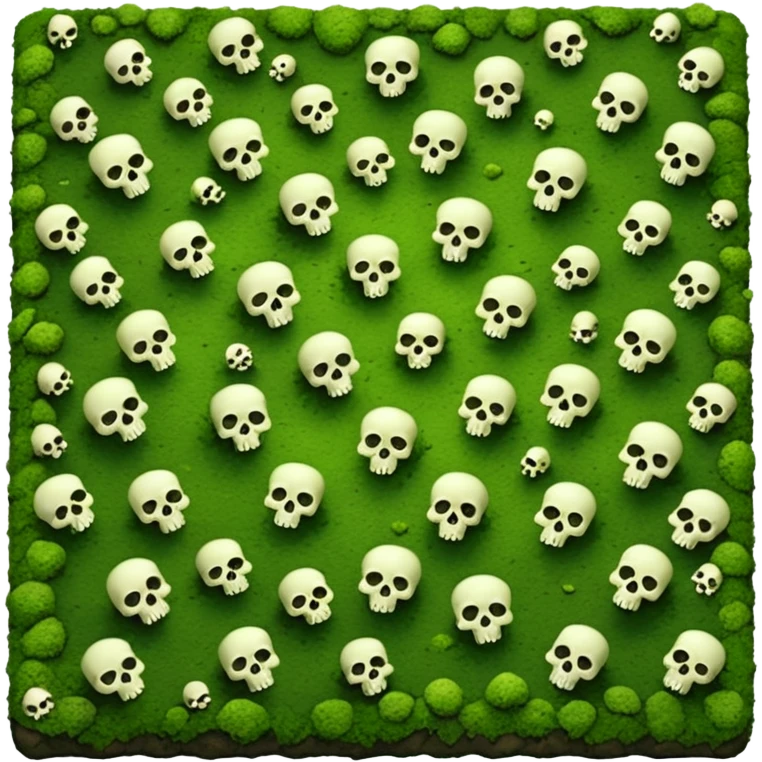 A creepy moss covered ground with skulls from a top down perspective. In the style of your bleeding skull art. In a realistic style covering the whole screen with little tint skulls. No border, all moss emoji