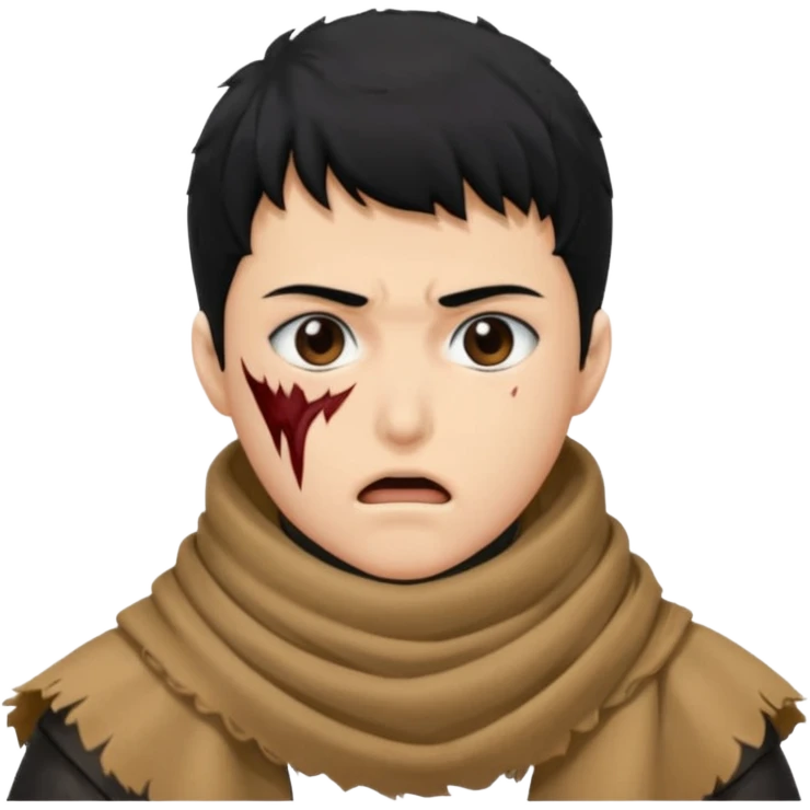 Guts from berserk, head shot, thick scarf covering mouth, scar over nose, black hair emoji