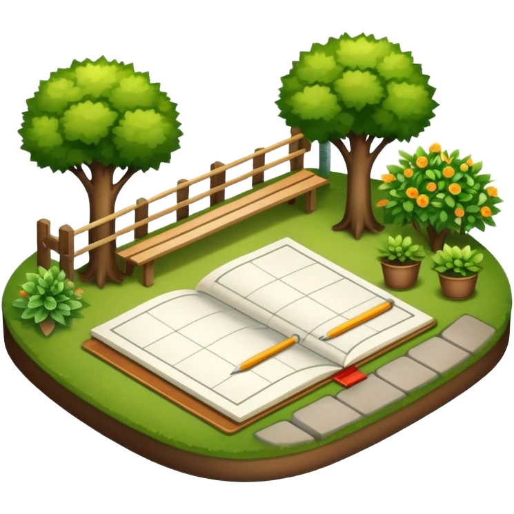 Icon for Landscape Design: a garden layout with trees, plants, pathways, and outdoor furniture, along with design tools like a ruler and sketchpad. The icon should represent the creativity and planning behind landscape design. Transparent background. emoji