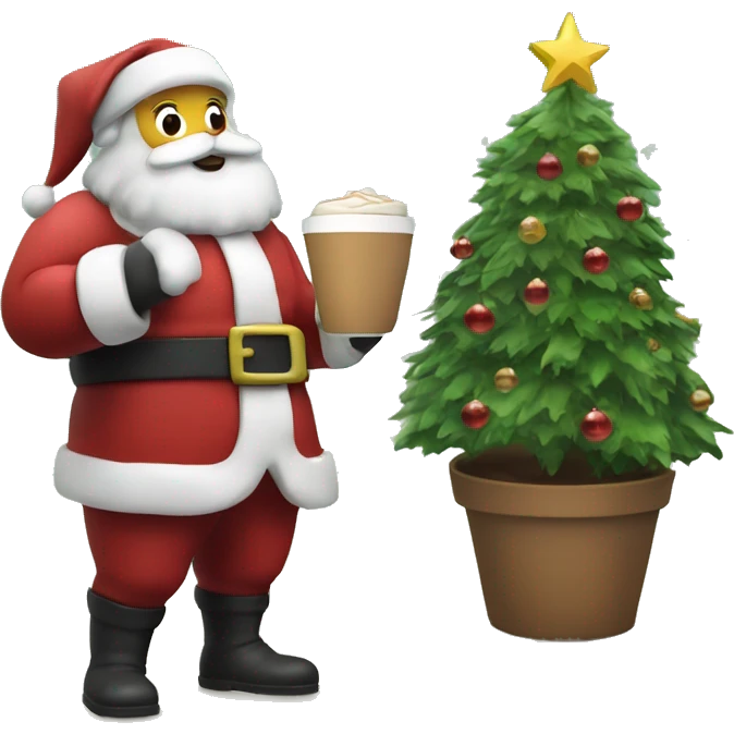 Santa grabbing the coffee, standing beside the christmas tree emoji