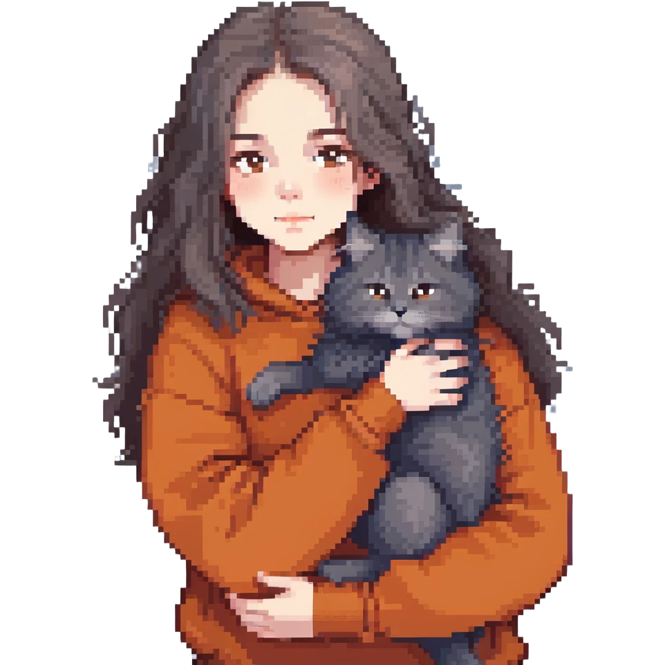 Brunette girl with dark blue sweatshirt snuggling a fluffy grey Siberian cat emoji