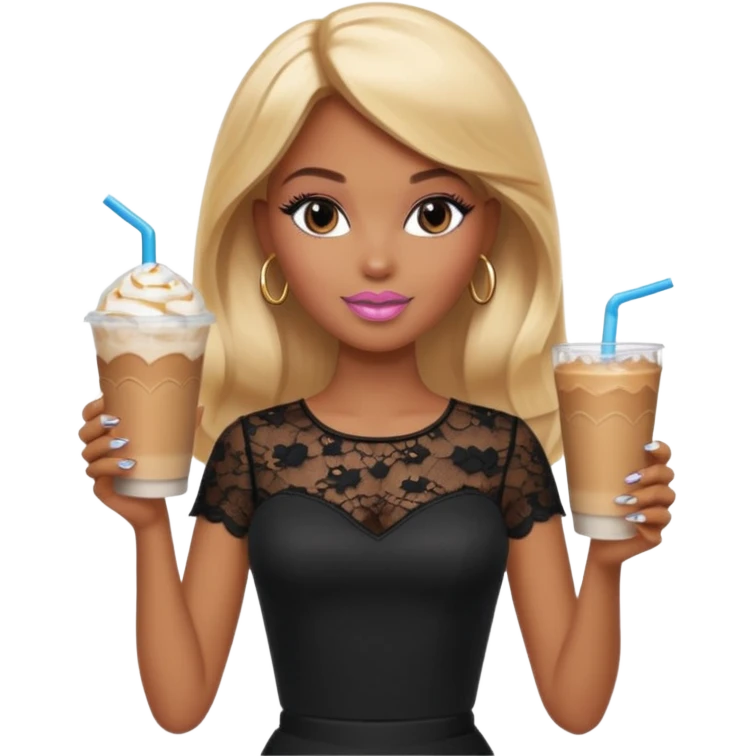 brown skin blonde barbie wearing black lace shirt with iced latte with long French tip nails emoji