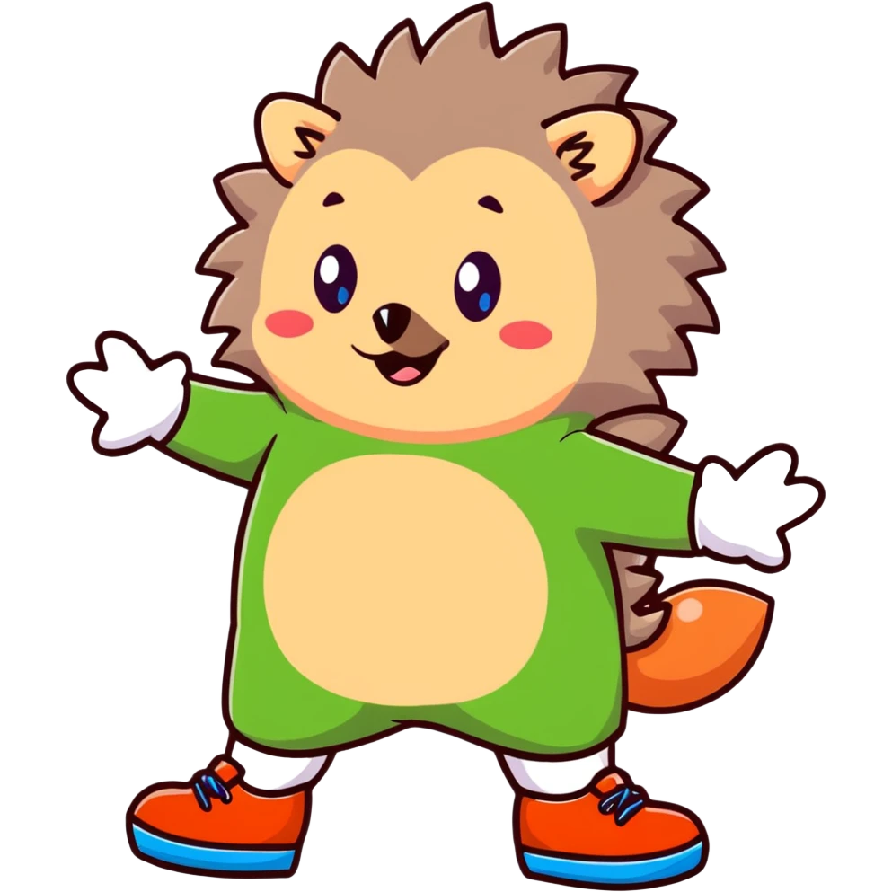 blue humanoid hedgehog with white gloves and socks, red shoes, 3 quills, peach belly, green eyes emoji