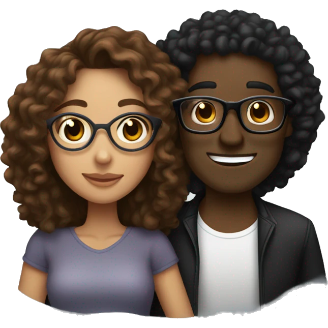 light skin woman with long brown curly hair and brown skin man with curly black hair and black circular glasses hugging emoji