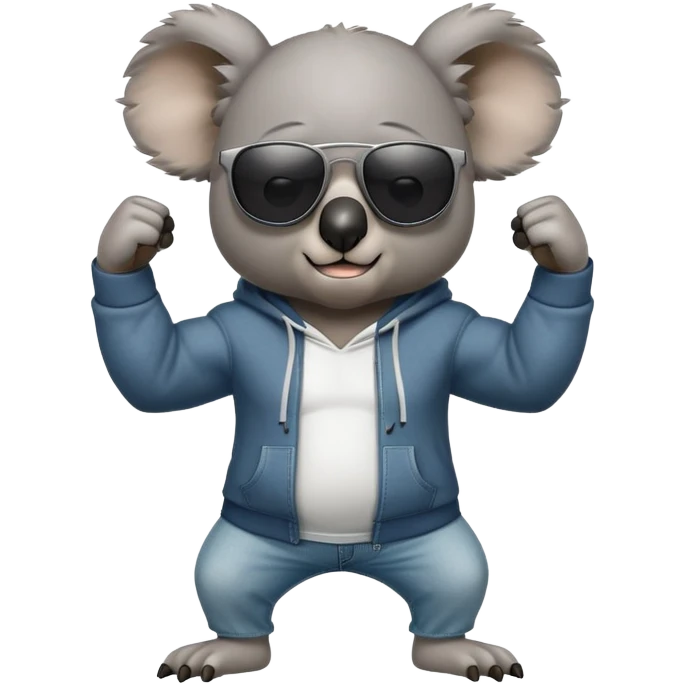 anthropomorphised koala, full body, wearing a hoodie and jeans, dark sunglasses, flexing muscles emoji