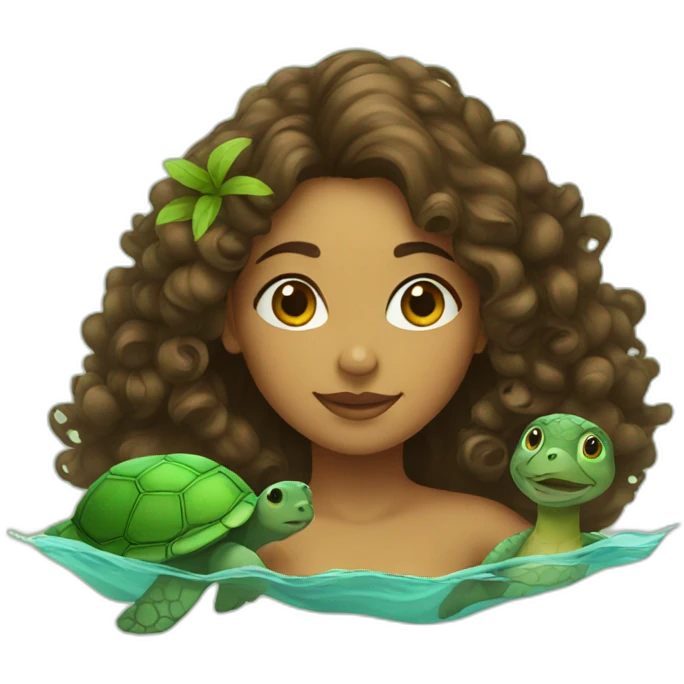 Indian woman with curly hair swimming with a turtle emoji