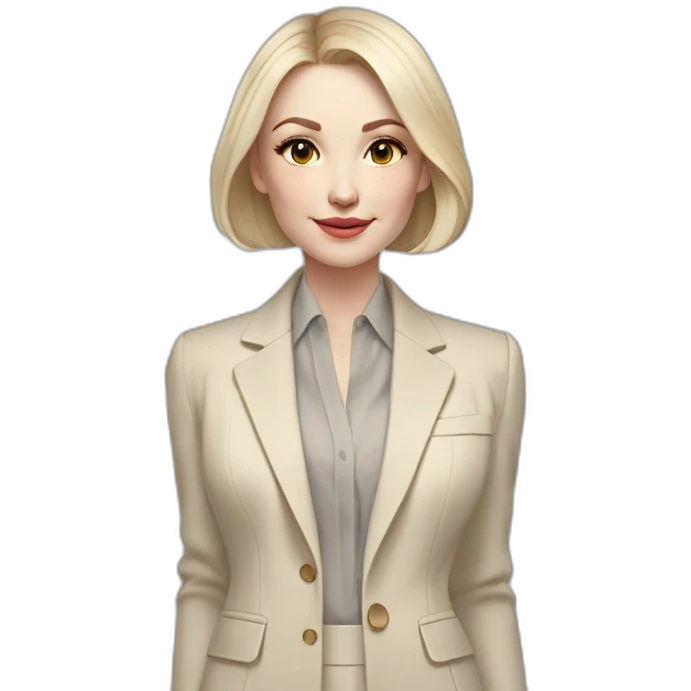 pale skin woman with ash blonde Straightened bob Hair, White Spacious classical jacket, beige palazzo Arrow pants and gray blouse holding a color palettes in the hands emoji