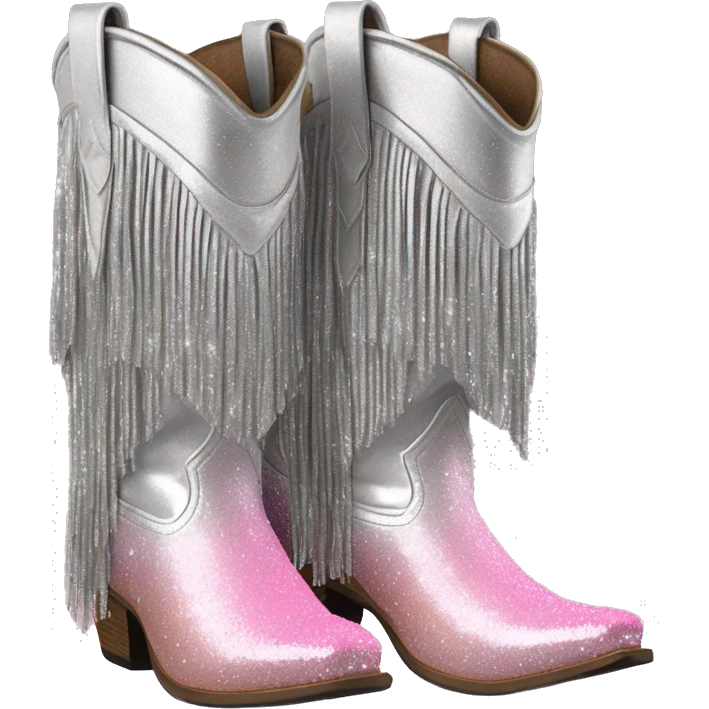 Realistic silver and pastel pink ombre pair of fashion cowgirl boots with sparkly shiny glitter fringe on them. emoji