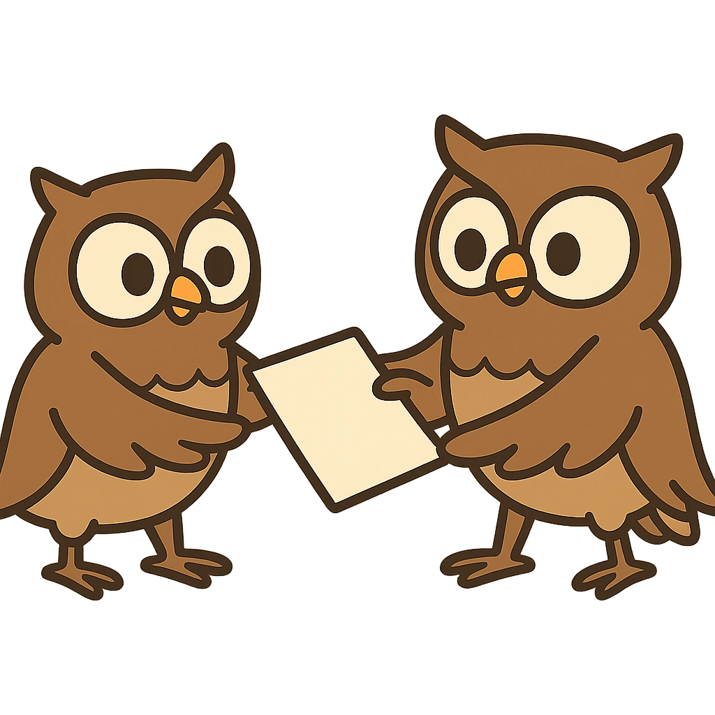 flat toon style cartoon owls passing papers or working together, teamwork theme emoji