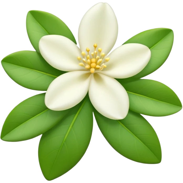 iOS-style 3D emoji: a delicate jasmine flower with five white petals, soft yellow center, and glossy green leaves emoji