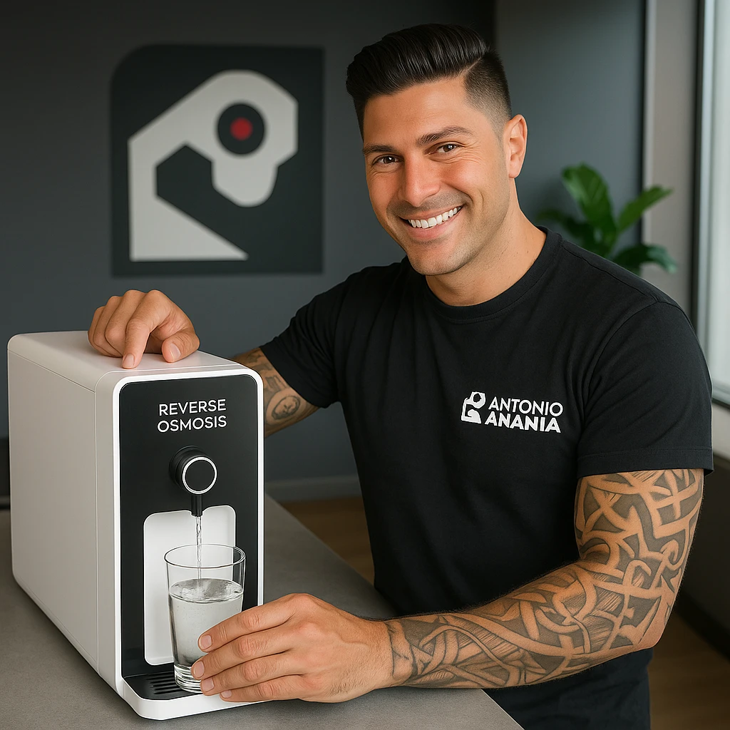 Realistic style image of a man using his reverse osmosis water purifier, inspired by the provided photo. Show the man operating or filling a glass from the purifier, with the device clearly visible. Positive atmosphere. emoji